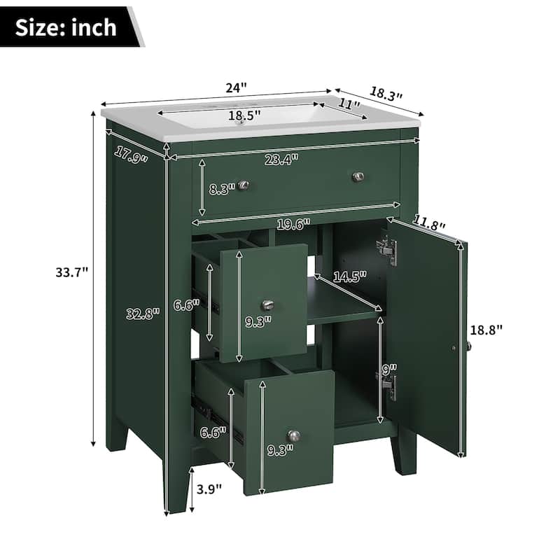 Roomfitters 24 Inch Bathroom Vanity with Sink, Freestanding Modern Vanity Cabinet with Ceramic Basin and Storage Drawers