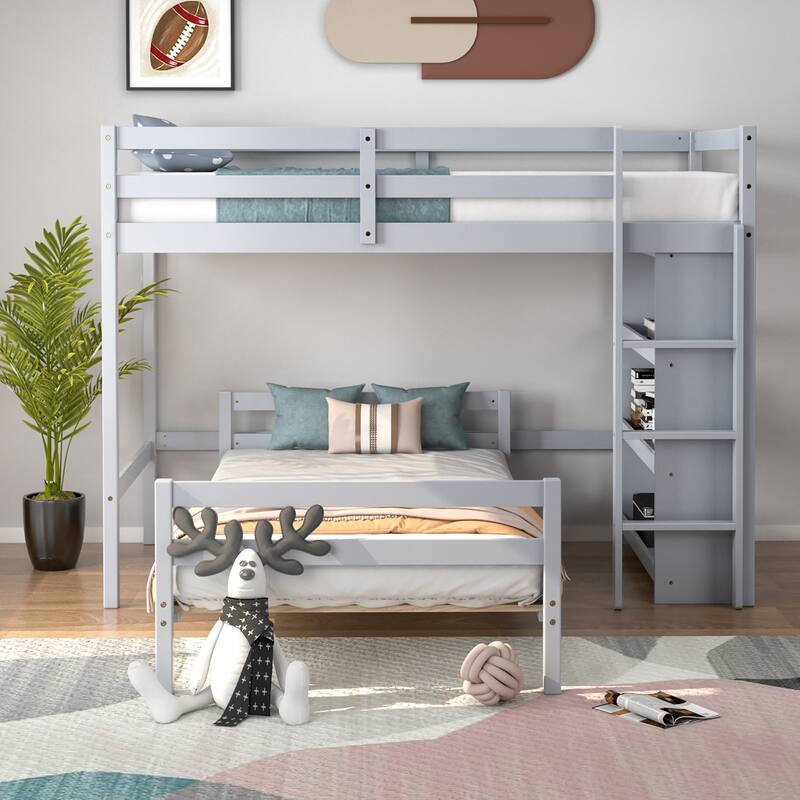 Costway Twin Over Twin Loft Bunk Bed Wood w/Bookcase Guardrail Ladder - 79.5'' x 44'' x 58.5''