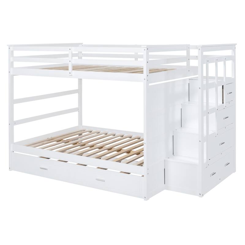 Solid Pine Bunk Bed with Trundle and Storage Staircase