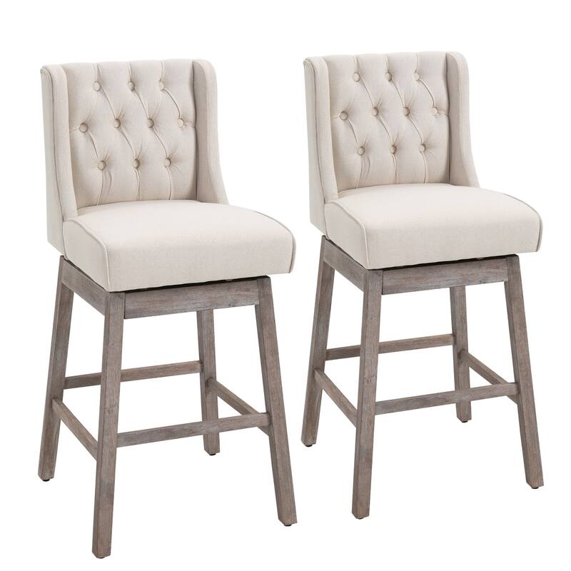 HOMCOM 2 Piece Bar Height Chair Swivel Barstool with Integrated Footrest, Solid Wood Design, and a 180 Degree Rotation, Beige