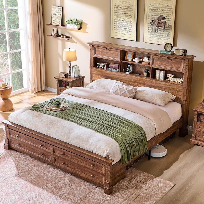Farmhouse King Size Bed Frame with 54" Tall Storage Bookcase Headboard