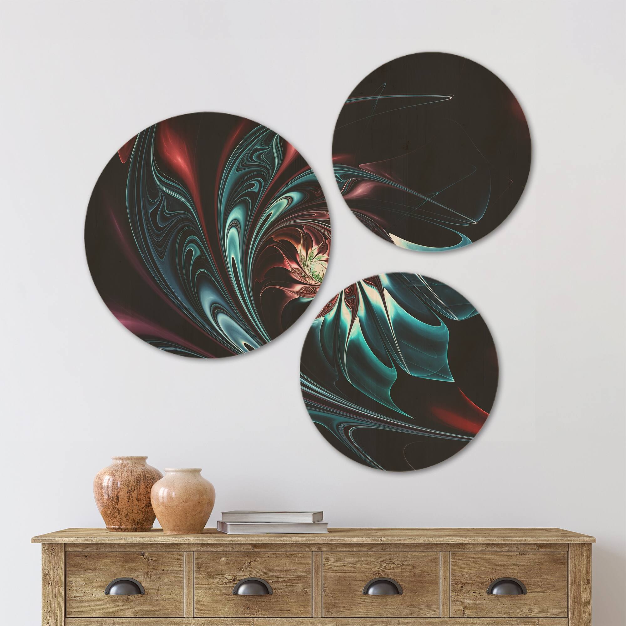 Designart 'Blue Abstract Floral Shapes' Floral Wood Wall Art Set of 3