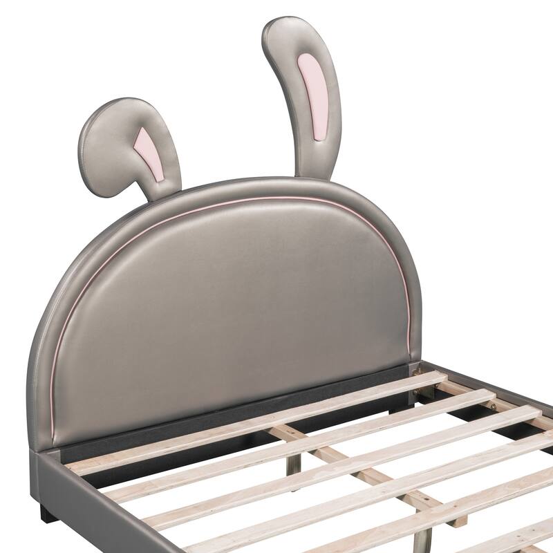 Upholstered Kids Bed with Rabbit Ears Headboard, PU Leather Platform Bed Frame with Wooden Slat Support