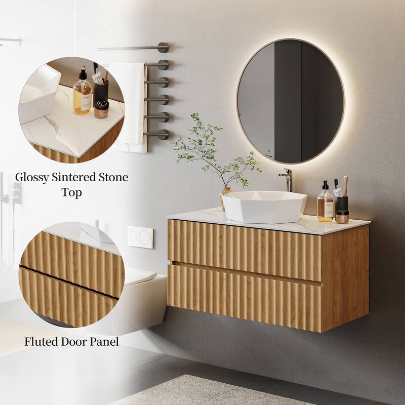 35.43" Floading Single Bathroom Vanities, With 2 Drawers, Glossy Sintered Stone Top, Light Wood