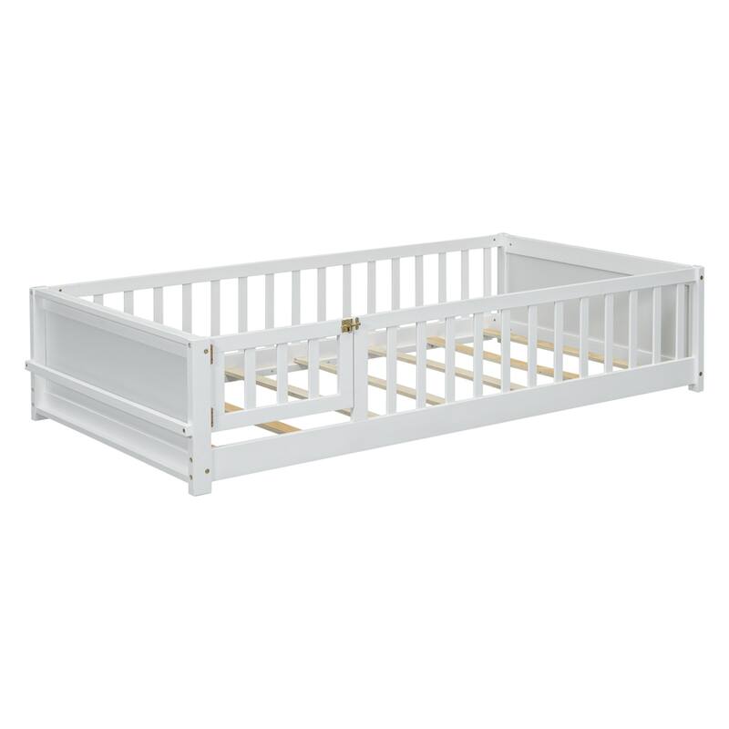 Twin Size Wood Platform Bed with Built-in Book Storage Rack and Door