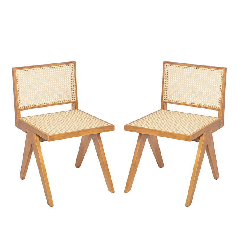 Rattan Dining Chair Set of 2, Armless Side Chairs with Wood Legs