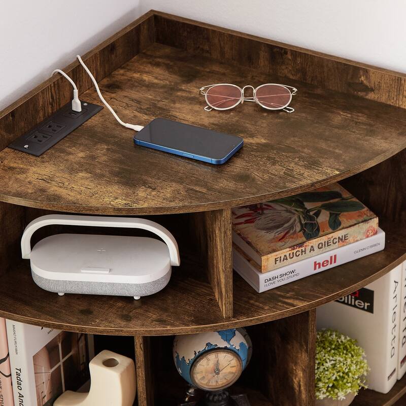 VECELO Corner Cabinet with Charging Station or No Charging Station 3-Tier Bookcase Storage Organizer Triangle Corner Bookcases