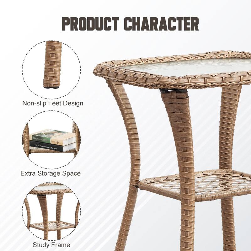 Stylish Outdoor Wicker side Table with Glass Top