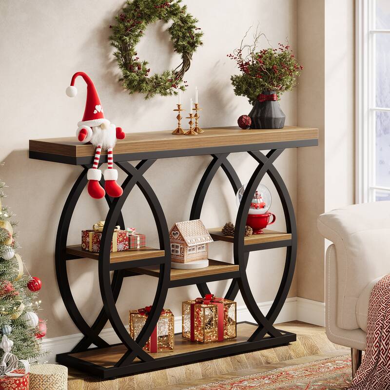 Industrial Console Table, 4-Tier Sofa Table with Geometric Metal Frame
