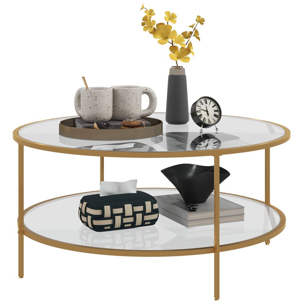 Side Table with Storage, 36" Round End Table, 2-Tier Tempered Glass Coffee Table with Steel Frame for Living Room, Gold