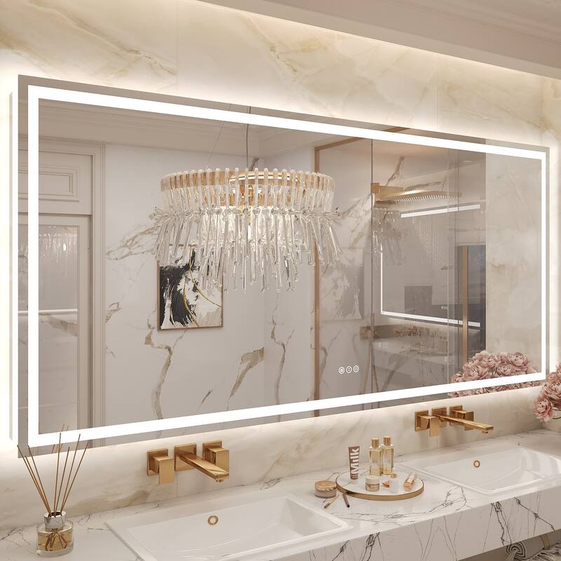 Frameless LED Front Light and Backlit 3 Colors Dimmable Anti-Fog Wall Bathroom Vanity Mirror - 77" x 36"-Square Corner
