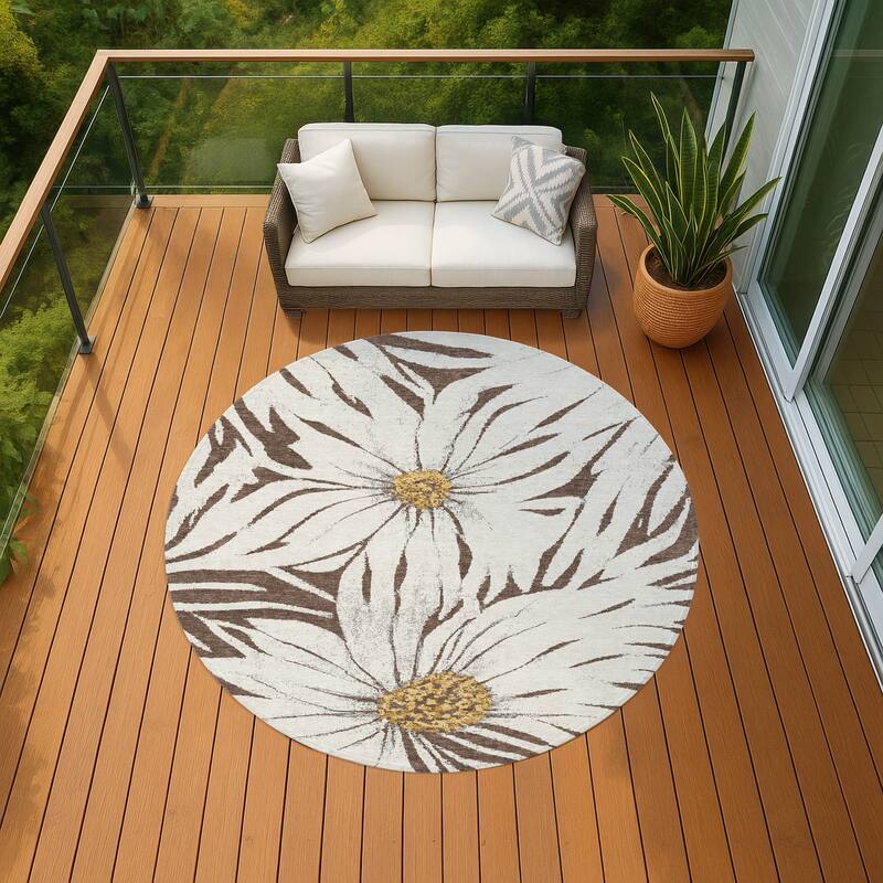 Machine Washable Indoor/ Outdoor Floral Chantille Rug - Brown - 8' x 8'