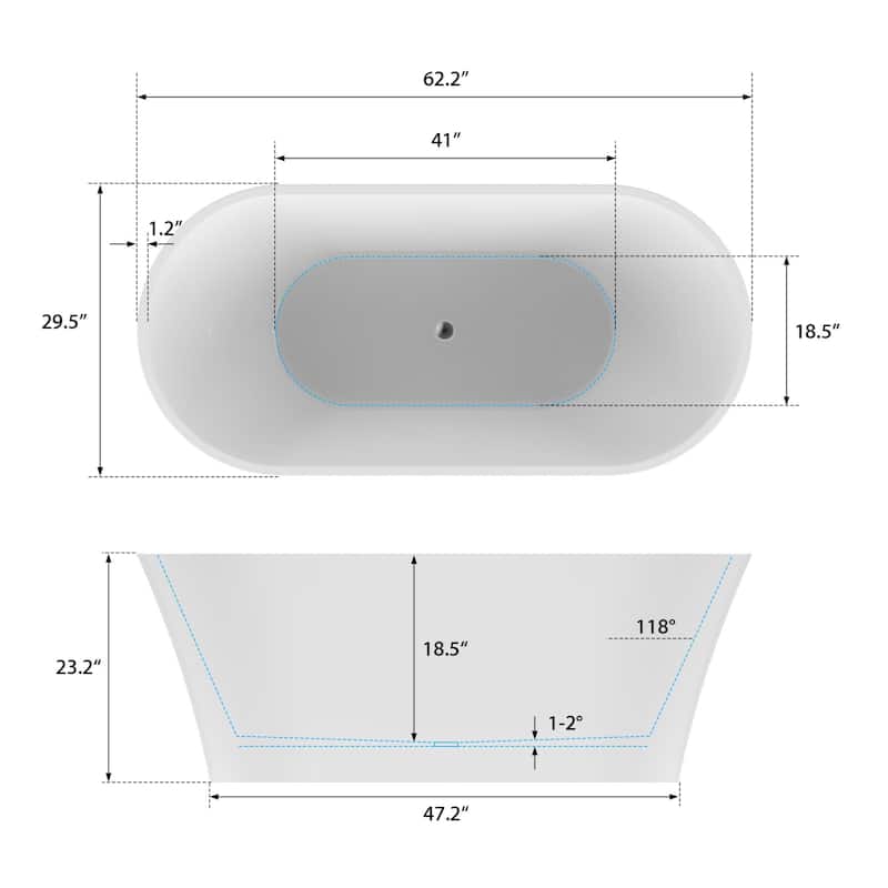 Vanity Art 62" Acrylic Freestanding Bathtub Stand Alone Soaking Tub with Pop-up Drain