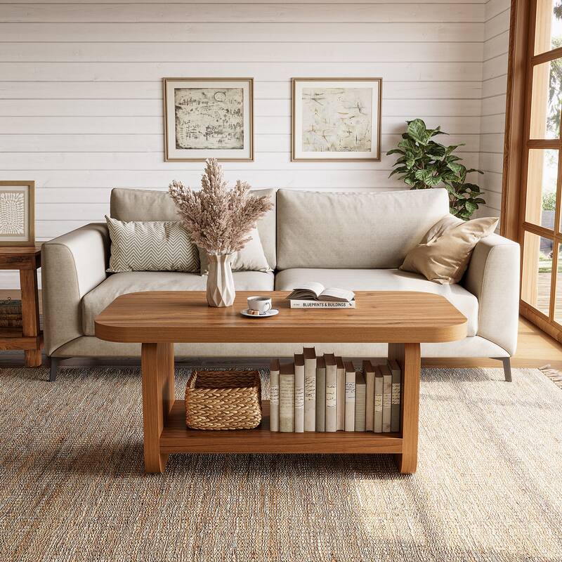 47.2" Coffee Table, 2-Tier Coffee Table with Storage - Wood - Brown