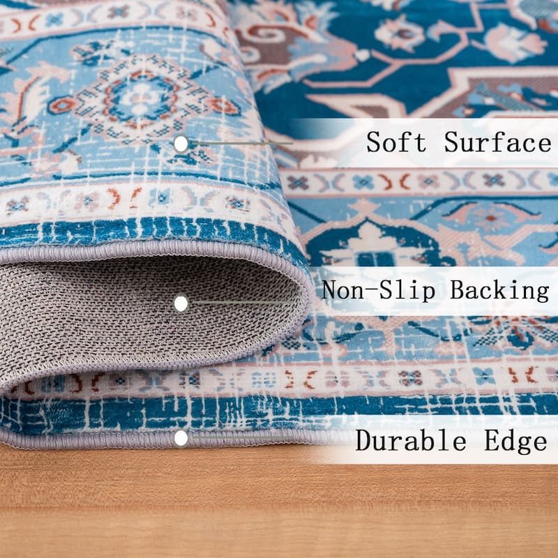 Area Rug 8x10 Vintage Bohemia Large Persian Non-slip Washable Rug Flower Design Blue - 8" x 10"