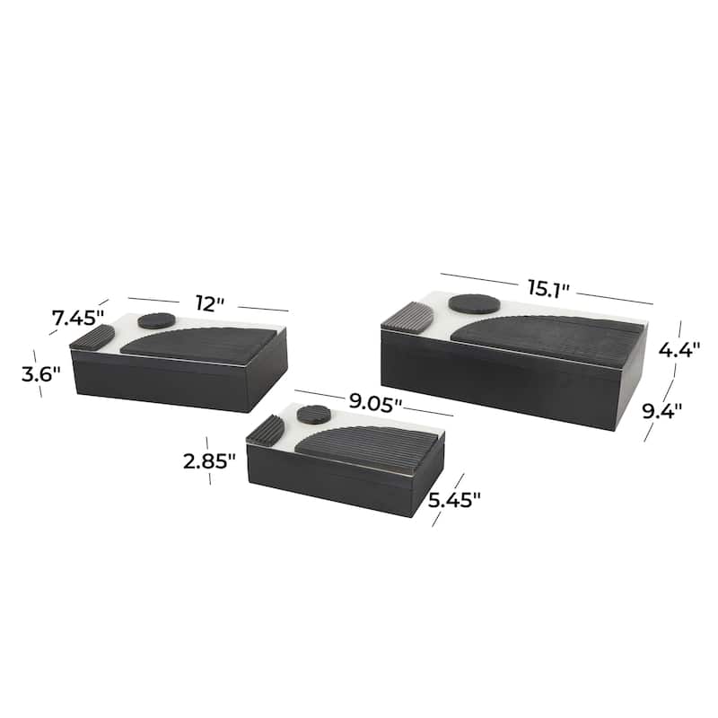 Wood Handmade Decorative Box with 3D Geometric Accents - Set of 3 Black - Roche River Decor