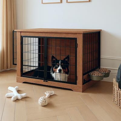 Dog Crate Furniture, with Rotating Feede, 32"