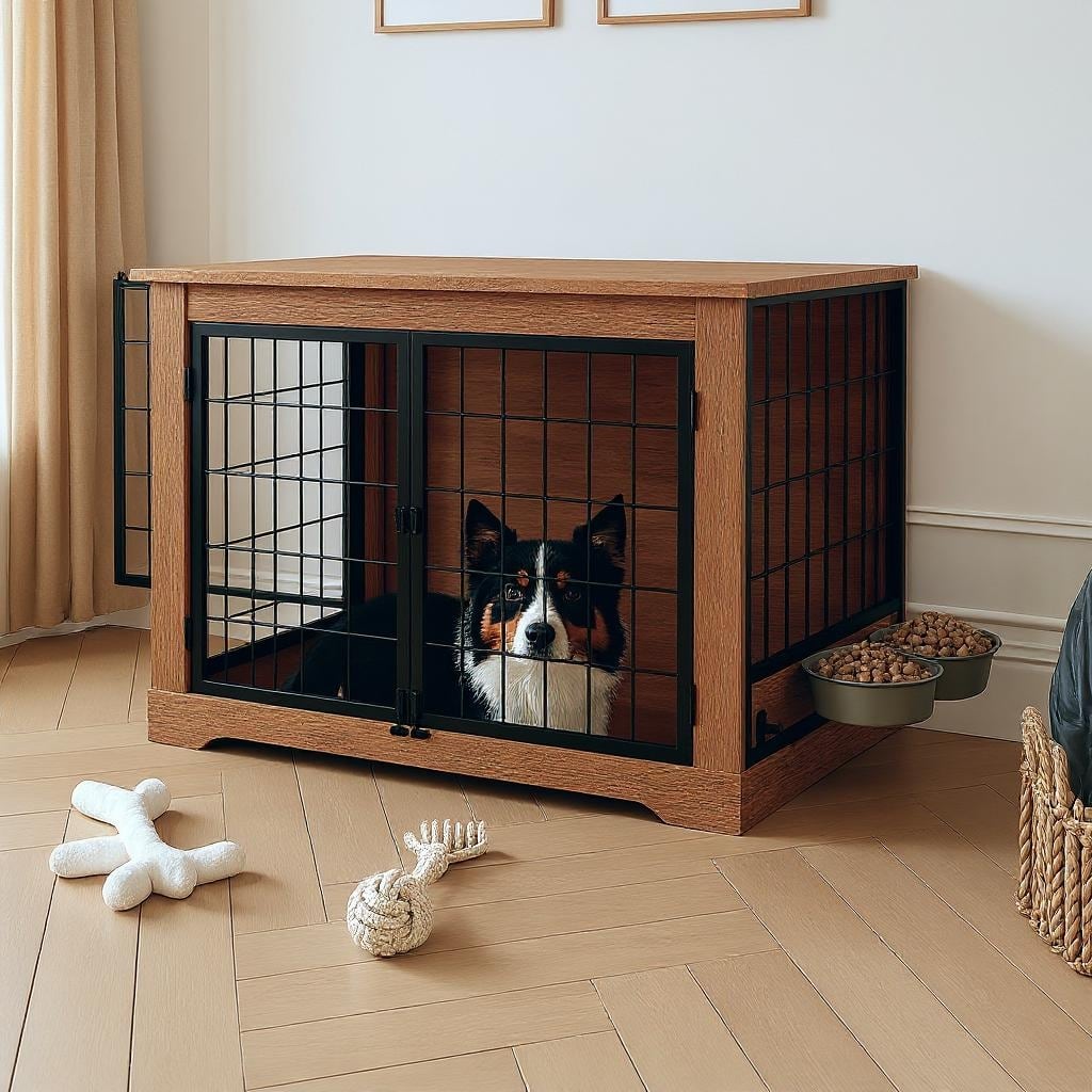 Dog Crate Furniture, with Rotating Feede, 32"