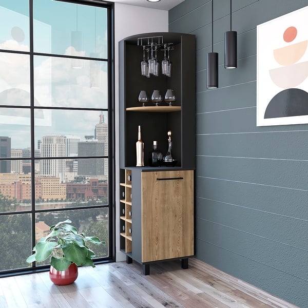 slide 2 of 5, FM Furniture Leah Corner Bar Cabinet with 2 Open Shelves, 2 Inner Shelves, Glass Rack and 10 Wine Cubbies Black/Pine