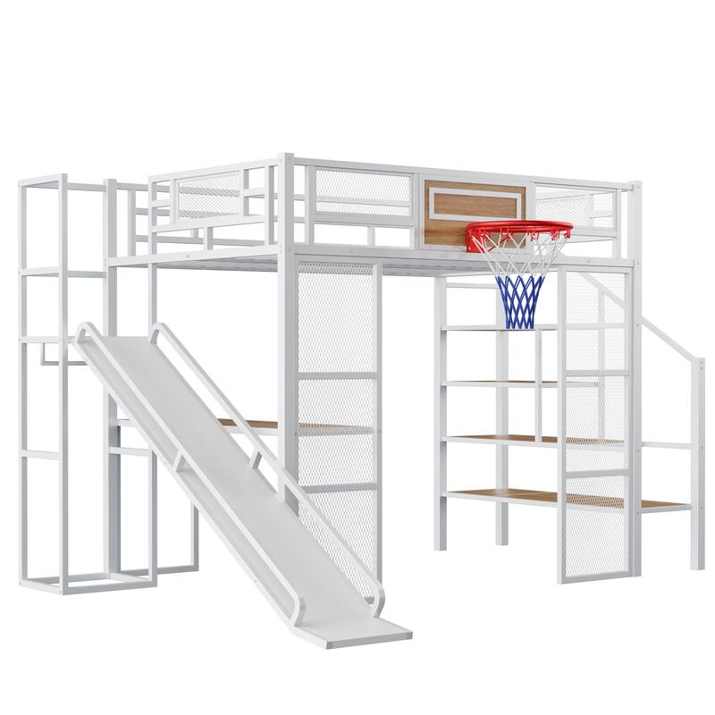 Metal Loft bed with Built-in Desk, Open Wardrobe, Basketball hoop, Slide and Staircase