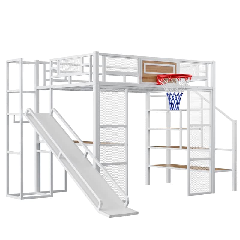 Roomfitters Full Metal Loft Bed with Desk, Slide, Staircase, Open Wardrobe and Basketball Hoop, White