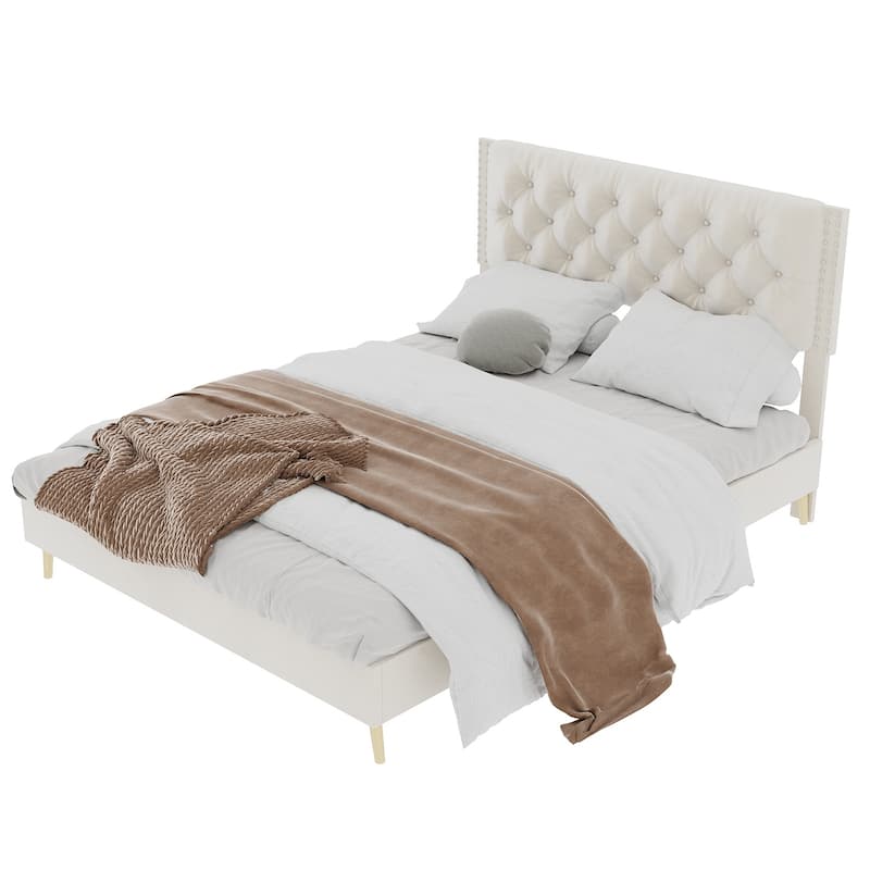 Beige Queen Size Platform Bed Frame with Upholstered Headboard