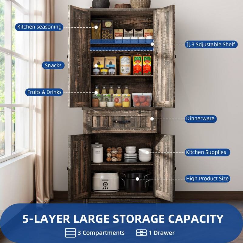 Moasis 64" Farmhouse Tall Kitchen Pantry Storage Cabinet with 2 Drawers & Doors