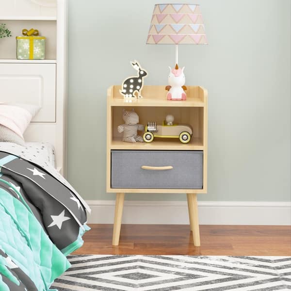 slide 2 of 20, Kids Wood Side Table Nightstand With Fabric Drawer and 2-Tier Shelf,Oak Oak