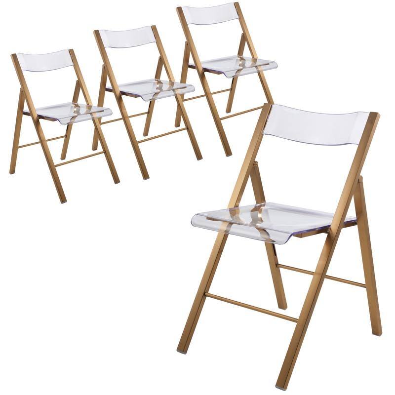 Menno Modern Acrylic Folding Dining Chair in Stainless Steel Frame with Rubber Pads, Brushed Finish, Fully Assembled (Set of 4)