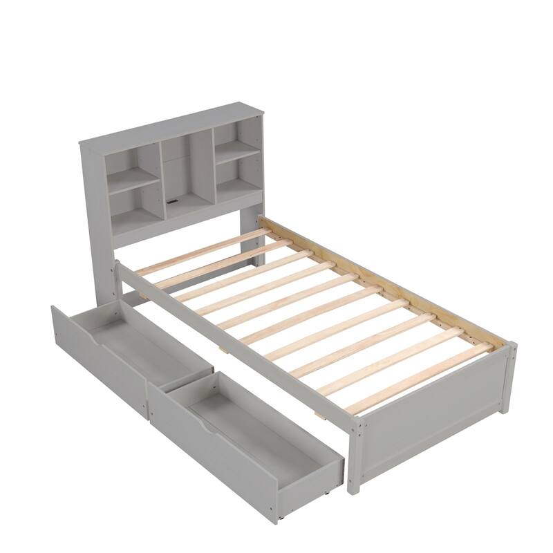 Twin Size Bed W/ Built-in USB Port on Bookcase Headboard,2 Drawers