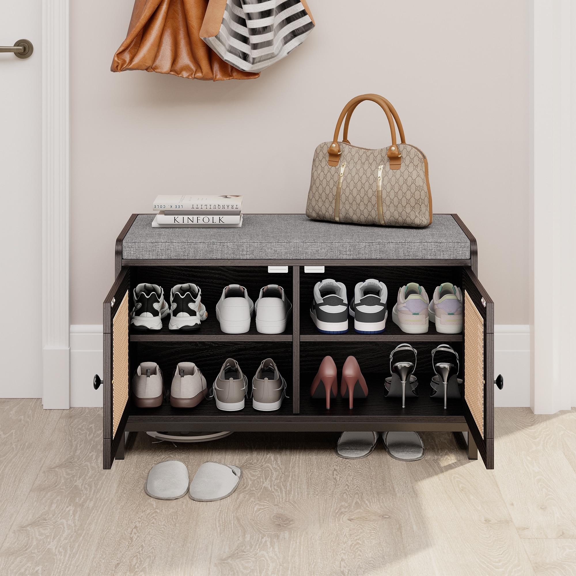 Modern 8 Pair Shoe Storage Bench Rattan Shoe Cabinet 31.5