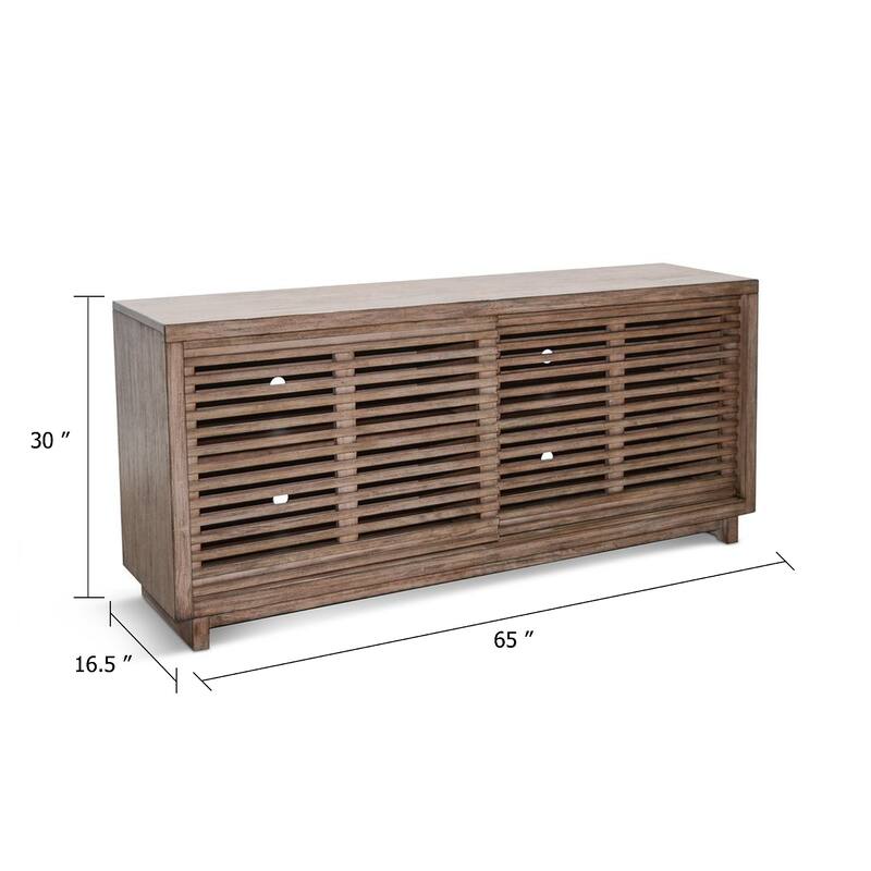 Jave TV Stand Media Cabinet, Slatted Doors, Shelves, Brown Wood 65 Inch