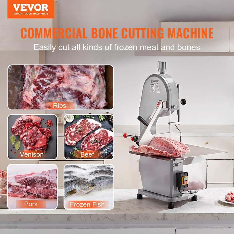 VEVOR Commercial Electric Meat Bandsaw 1500W Stainless Steel Countertop Bone Sawing Machine Workbeach 19.3 x 15 0.16-7.9 Inch Cutting Thickness