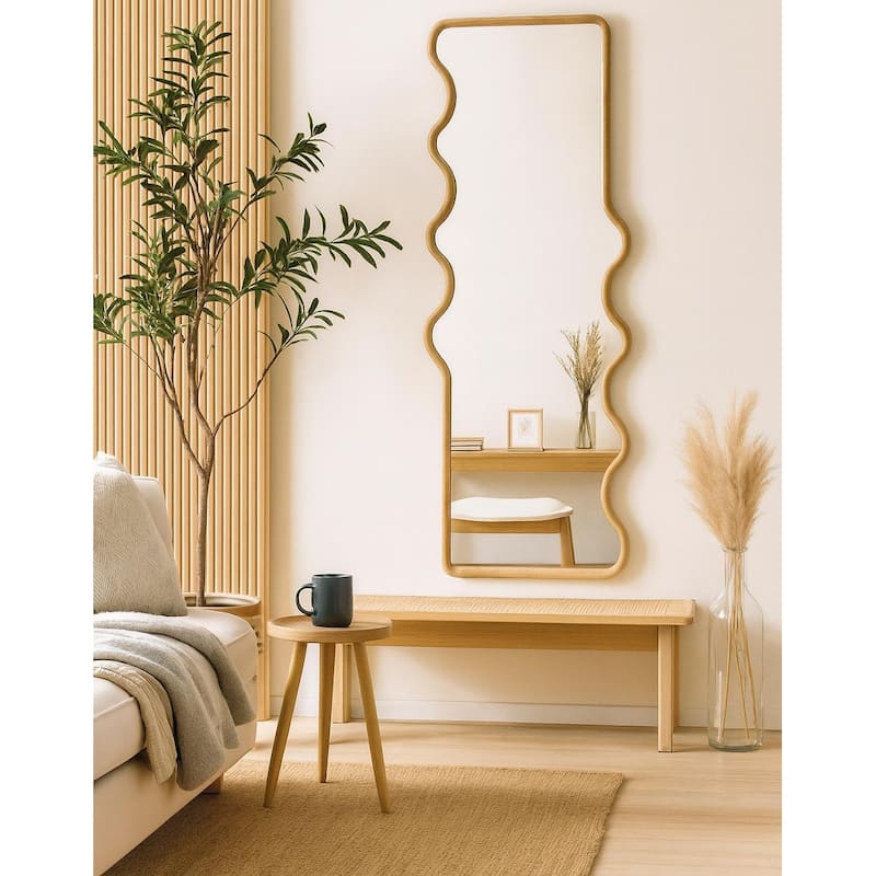 Funky Flow Waveform Mirror 24"x67" Solid Wood Full-Length Wall Decor - Brown