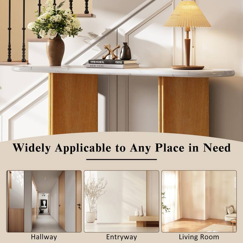 3-Tier Console Table, Storage Cabinet with Mirrored Doors and Acacia Wood Legs, Entryway Table with Open Storage Shelf Natural