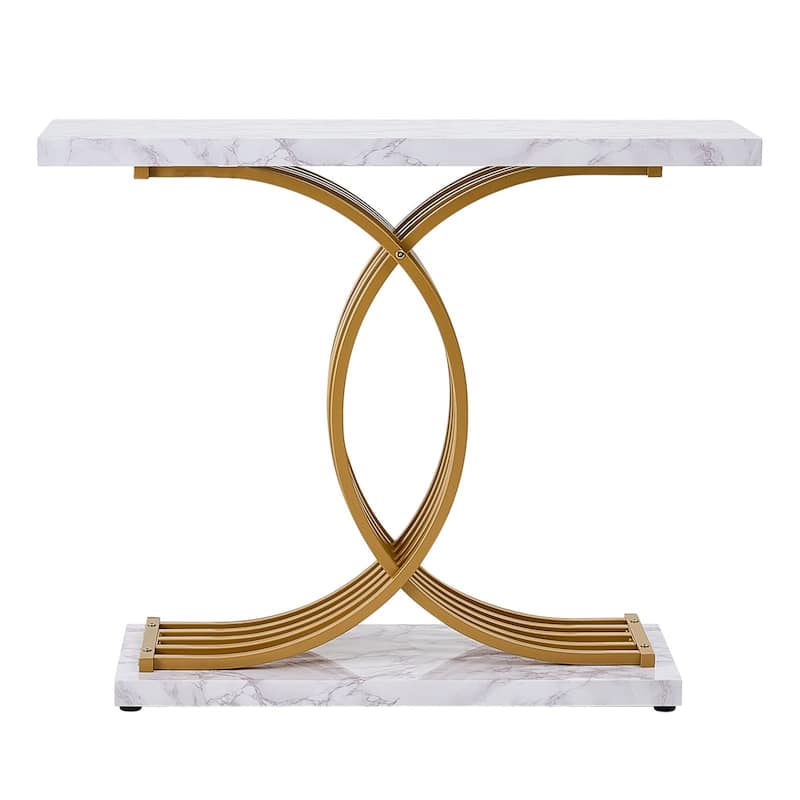 Faux Marble White MDF Metal Console Table, 1-Tier with Adjustable Feet - 39.4” L x 11.8” W x 31.9” H