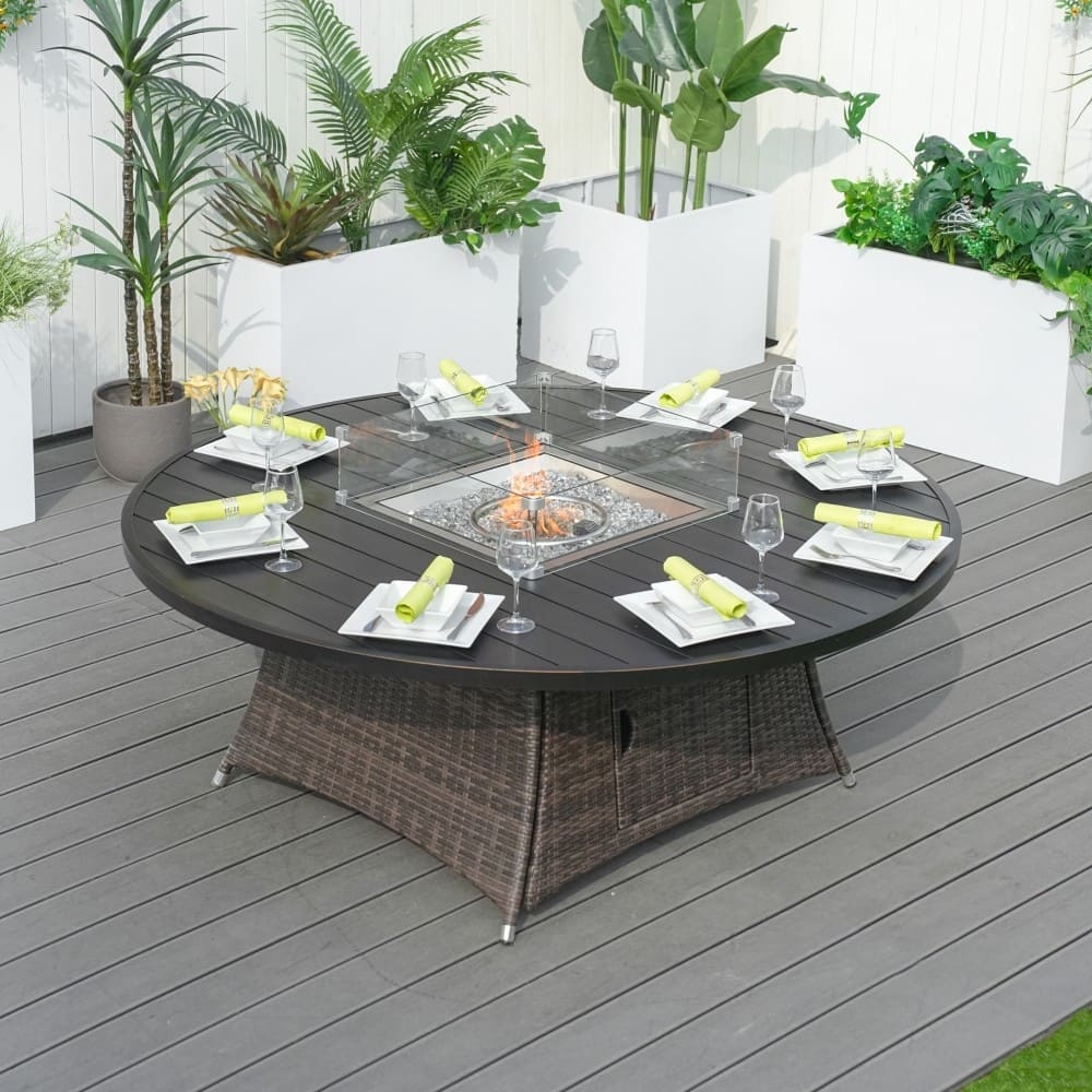 Outdoor Wicker Round Firepit Dining Table with Windshield