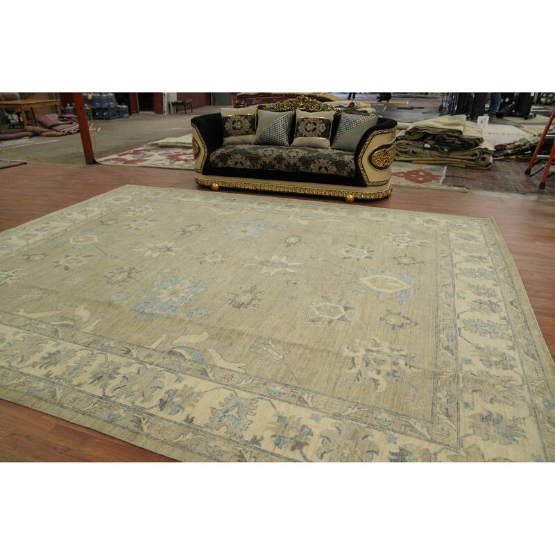 Vegetable Dye Wool Oushak Turkish Large Rug, Floral Geometric Carpet - 14' 10'' X 11' 9''
