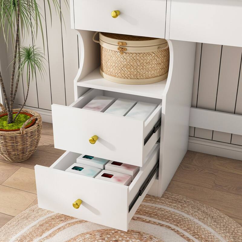 Vanity Desk with Sliding Mirror and Lights White Makeup Vanities with 5 Drawers ，movable and hidden mirror