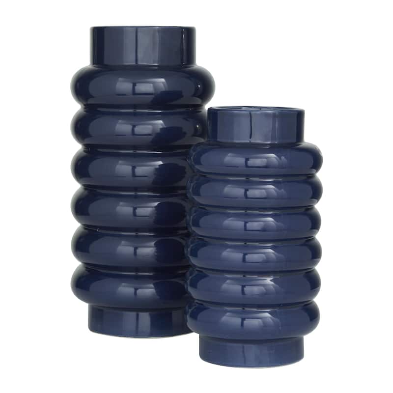 Ceramic Decorative Vase with Ring Ribbing - Set of 2 White, Yellow, Dark Blue - CosmoLiving by Cosmopolitan