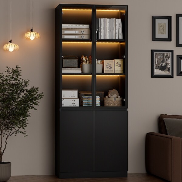 FURNIWAY Display Cabinet with Glass Doors & LED Light - Bed Bath