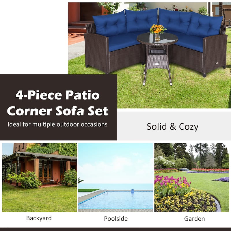 Costway 4PCS Patio Rattan Furniture Set Cushioned Sofa Glass Table - 49.5" x 23" x 29"