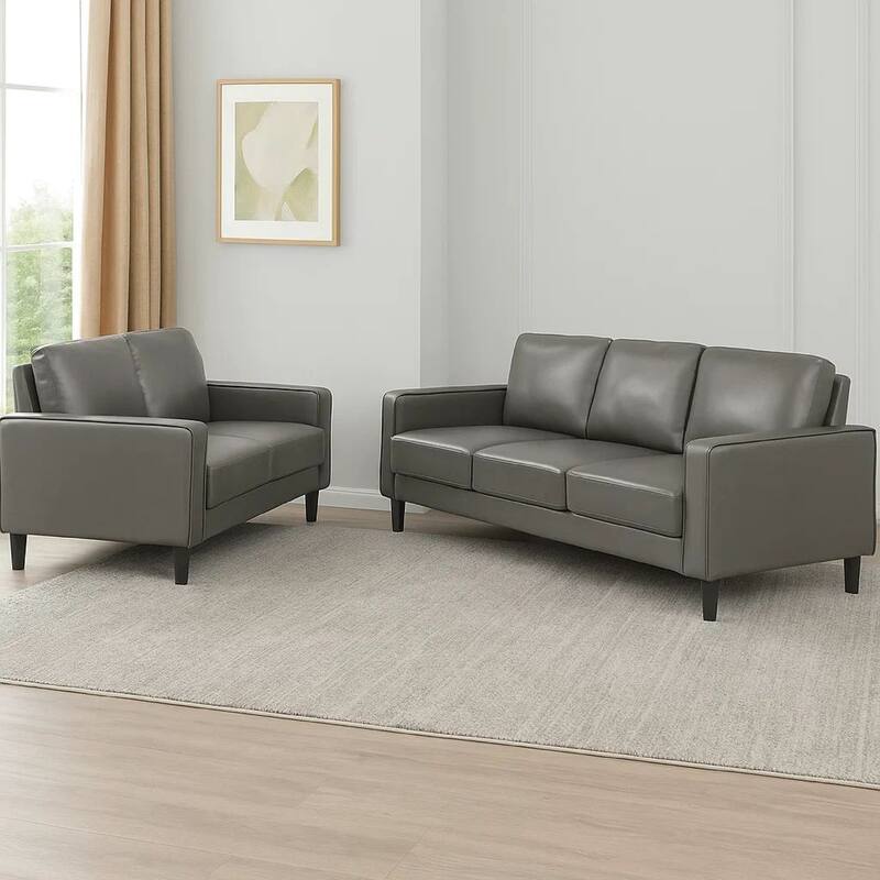 Rumi 2pc Sofa and Loveseat Set, Modern Track Arms, Gray Faux Leather