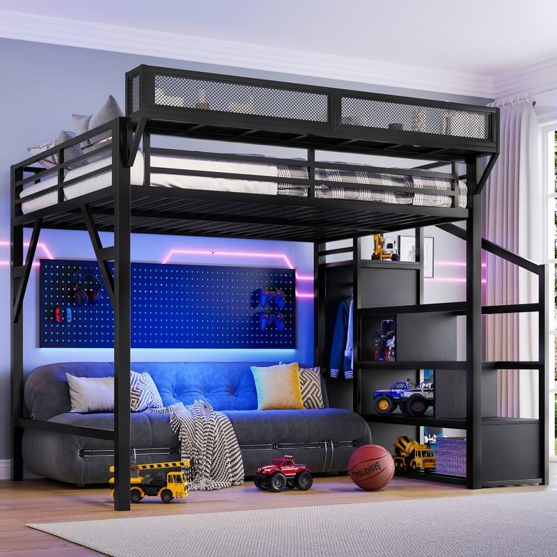 Queen Loft Bed with Storage Stairs, Shelves and Built-in Wardrobe