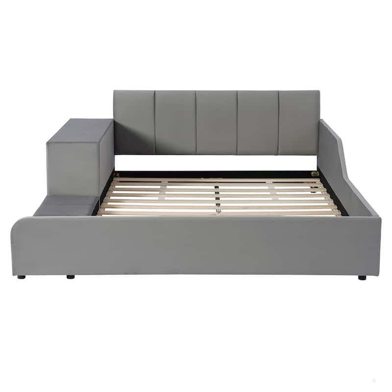 Upholstered Grounded Bed Mother & Child Bed with Bedside Desk and Little Round Stool