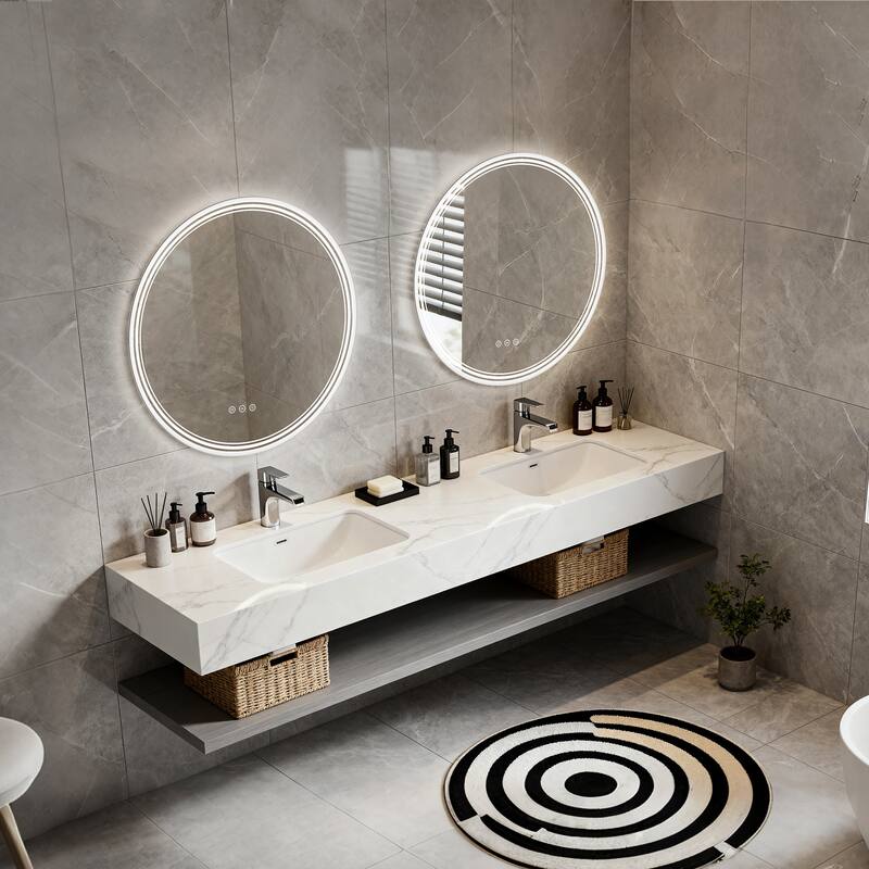 UL Certified Round Frameless Wall Mounted Anti Fog LED Bathroom Vanity Mirror, 3-Color Dimmable, HD Tempered Glass