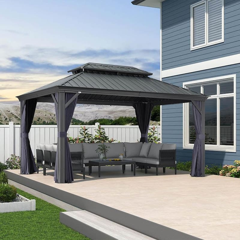 PURPLE LEAF Outdoor Galvanized Steel Hardtop Gazebo, Aluminum Frame Gazebo With Curtains