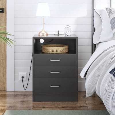 Nightstand 3 Drawers Open Storage Charging Station
