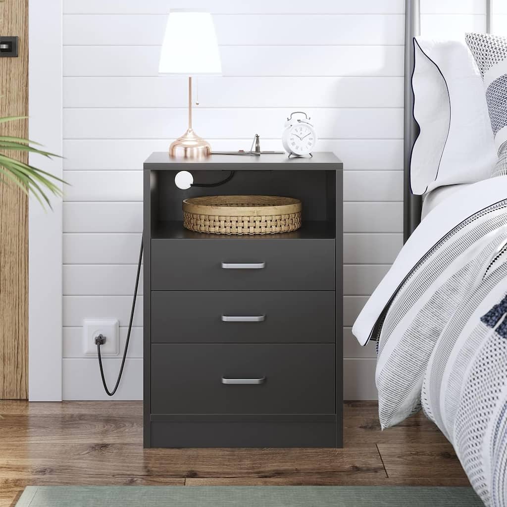 Nightstand 3 Drawers Open Storage Charging Station