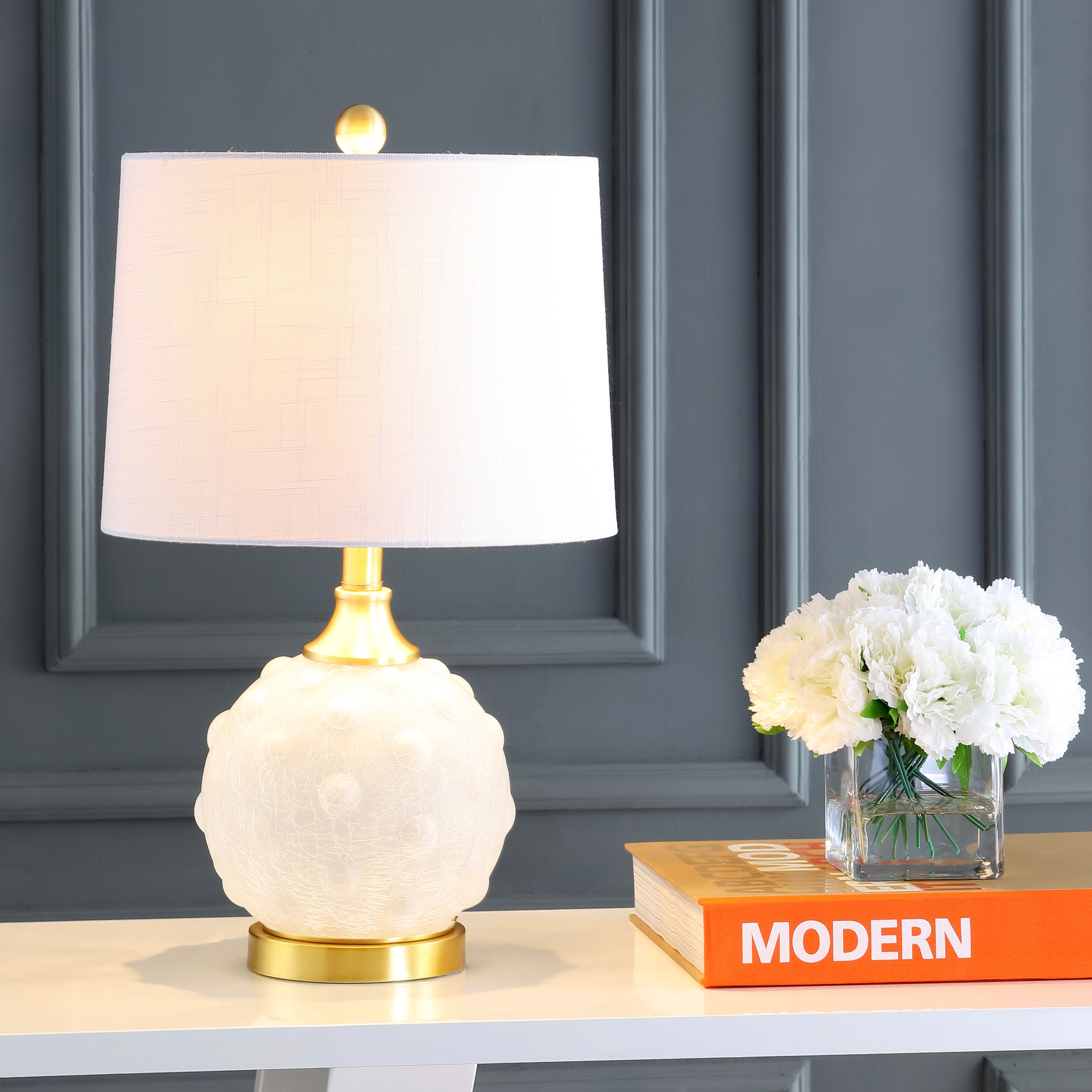JONATHAN Y Ilsa 22" Dotted Glass/Metal LED Table Lamp, White/Brass Gold